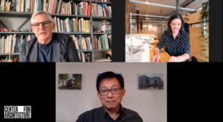 ResArch Now: Lunch/Learn with the 2020 Award Winners, Part 2. Image of three speakers one man with a white background, short black hair, and a black shirt. Another man with a in the bookshelf background, black blazer and short white hair. A woman with medium length black hair and a polka dot shirt.