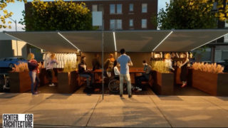 Video still from the program Open Restaurants Innovation: 3 Teams Share Findings showing a rendering of an outdoor dining structure