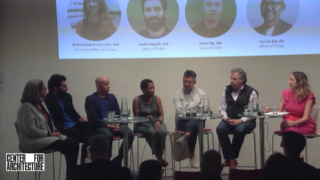 Video still from the event featuring panelists seated in front of a slide with their pictures and name.