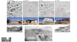 Collage of aerial maps with red circles identifying house locations, street view images, and historic photos