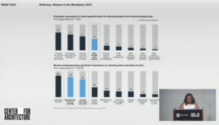 A person standing in front a podium with a presentation behind them.