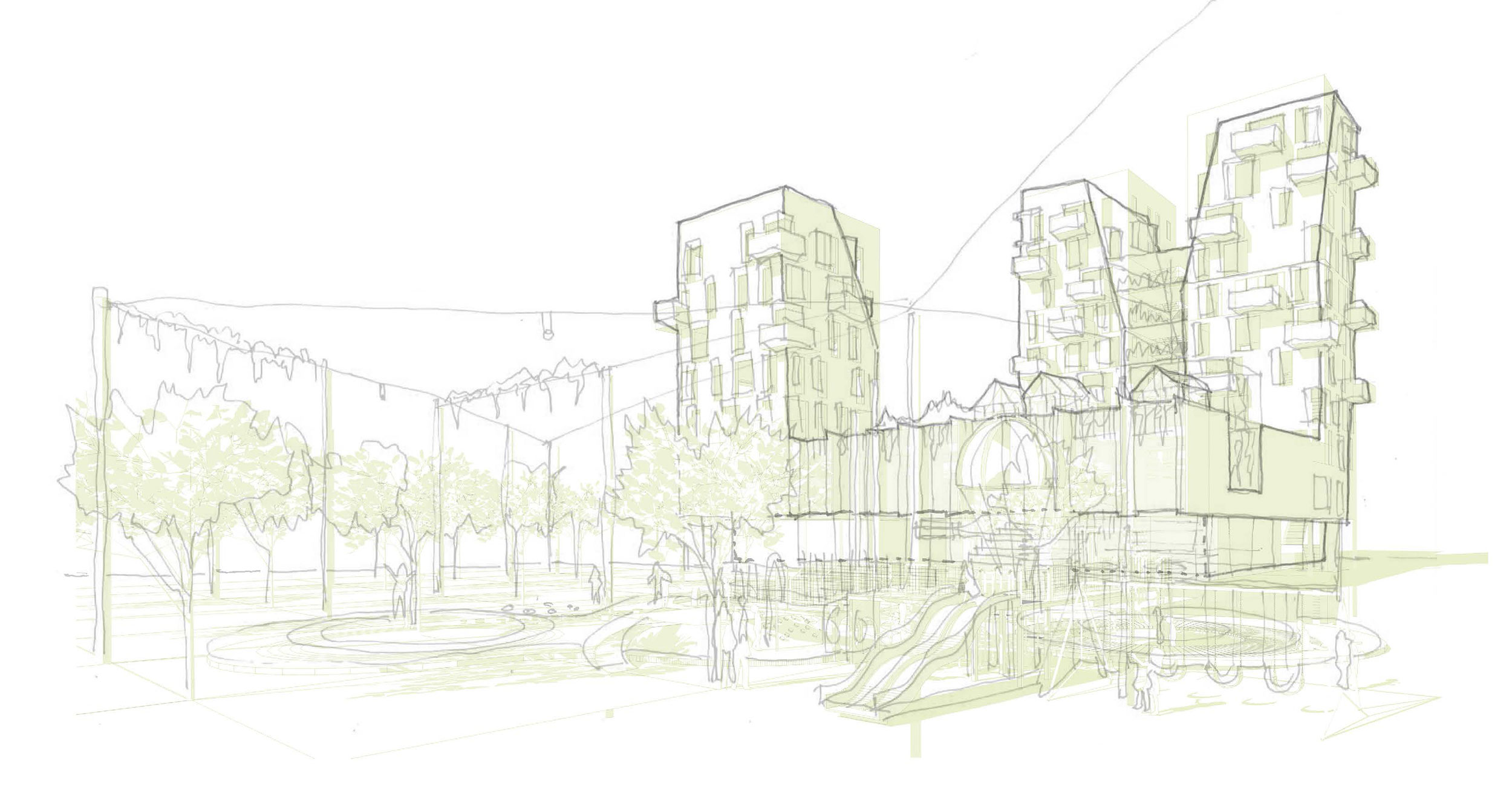 Sketch of intergenerational housing in Kent, England; image Courtesy of Sarah Wigglesworth Architects