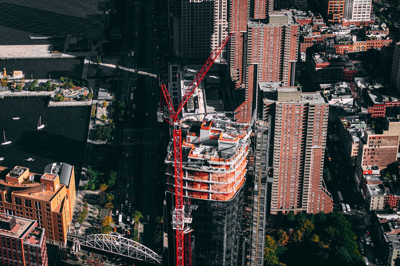 An aerial photograph of a construction site in New York City