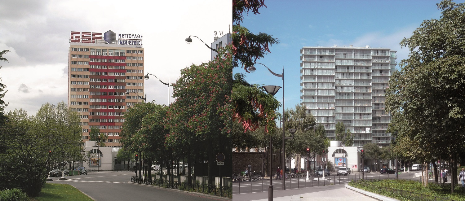 Two before and after photos of the exterior of Tour Bois le Pretre, Paris France, showing a radical expansion of outdoor access on every floor