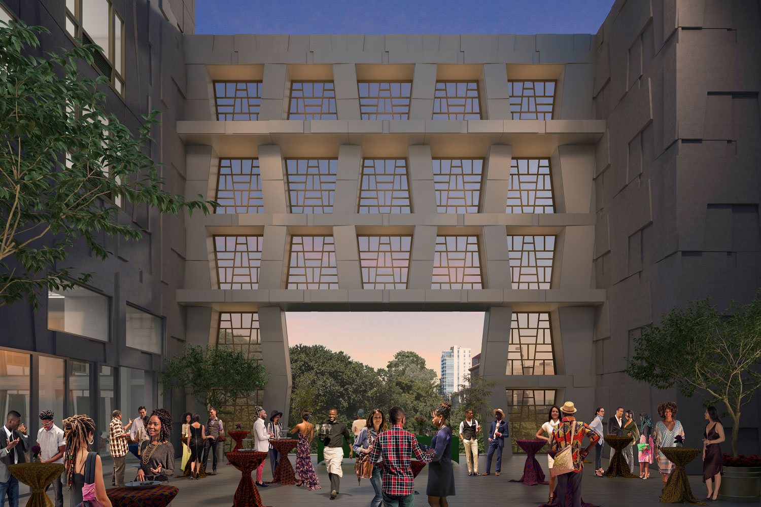 A rendering of the exterior facade and outdoor atrium at the Africa Center