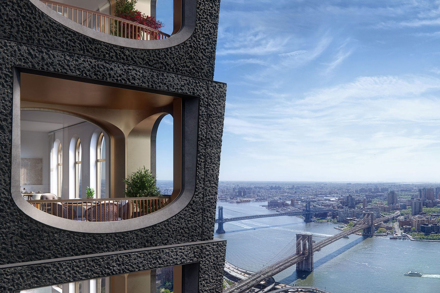 A rendering of 130 William by Adjaye Associates, showing the loggia windows overlooking Brooklyn Bridge and the East River