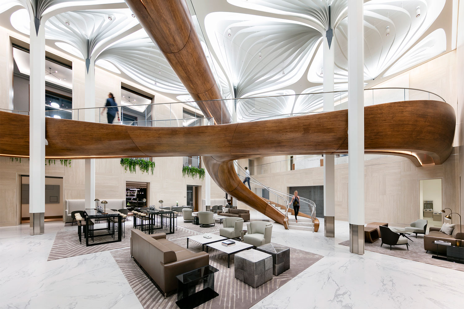 A photograph of the interior of the Waterline Club featuring a dramatic sculptural ceiling