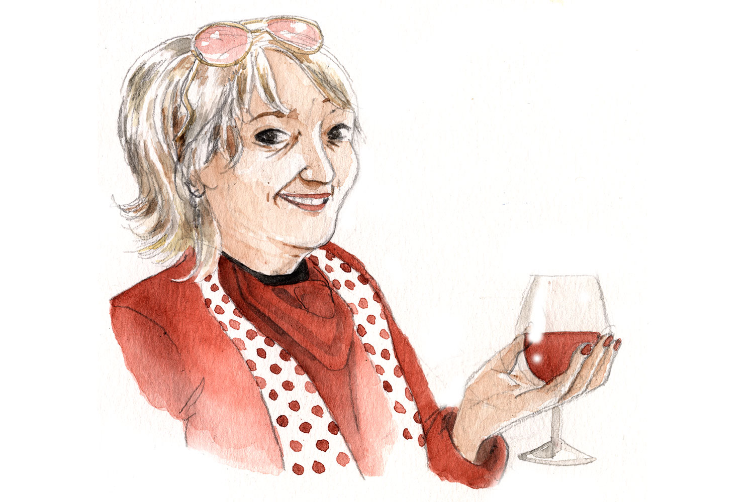 A watercolor illustration of Kristen Richards enjoying a glass of wine