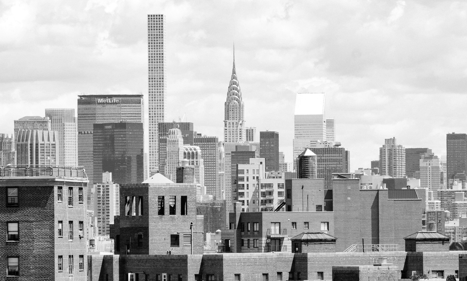 This is a black and white image of the New York skyline