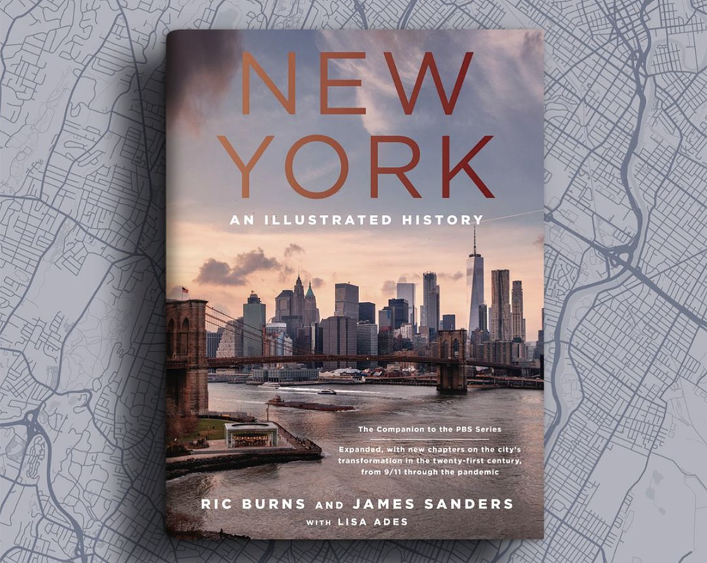 Cover of New York: An Illustrated History. Cover shows skyline view of Manhattan at dusk.