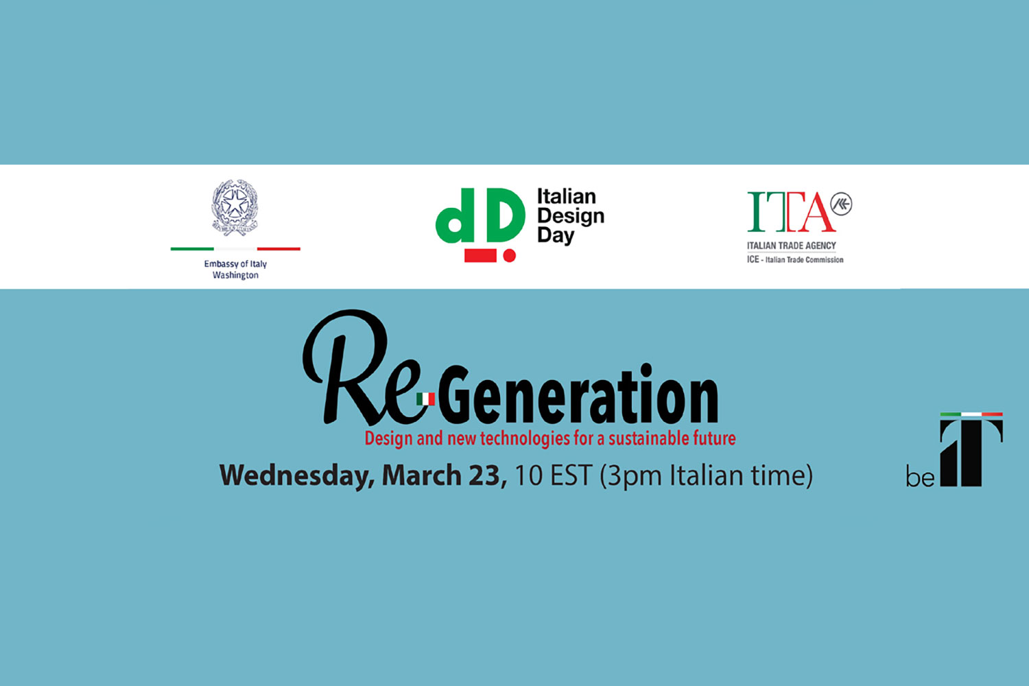 Promotional graphic for Italian Design Day 2022 with the logo and text "Regeneration" and date "Webnesday March 23, 10AM EST (3pm Italian Time)
