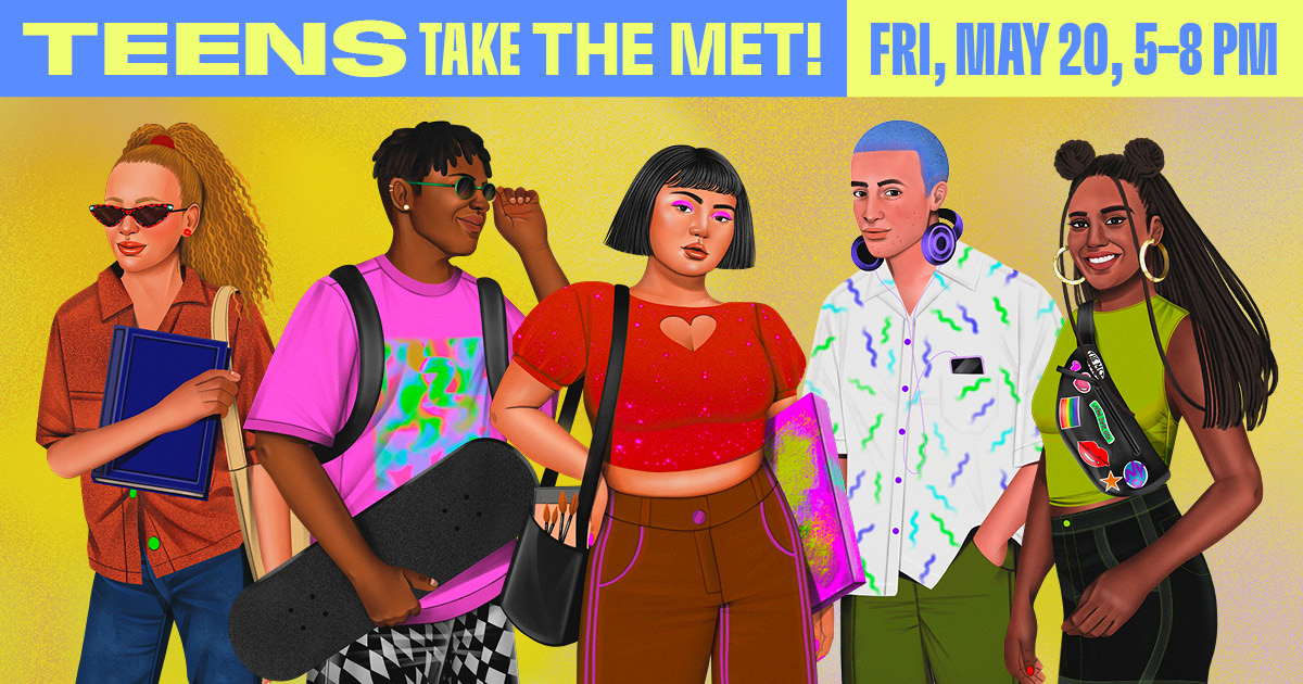 Decorative graphic for Teens Take the Met event, illustrating five teens of different races and dressed in different styles