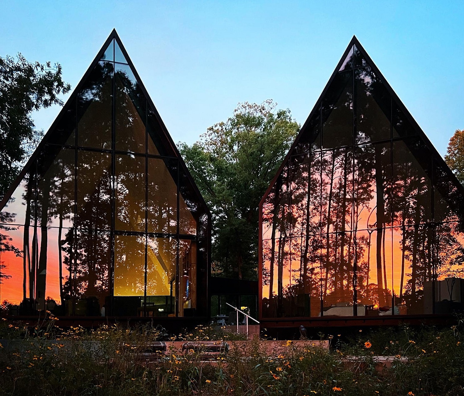 Late afternoon photo of Steeplechase. An all-glass face with two A-frames reflecting the silhouettes of trees during sunset
