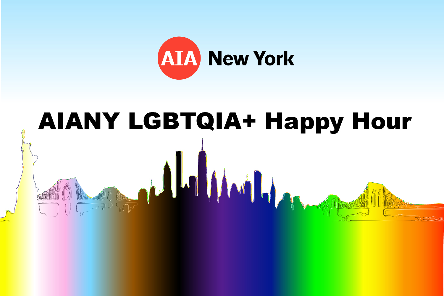 Promotional event graphic for AIANY LGBTQIA+ Happy Hour