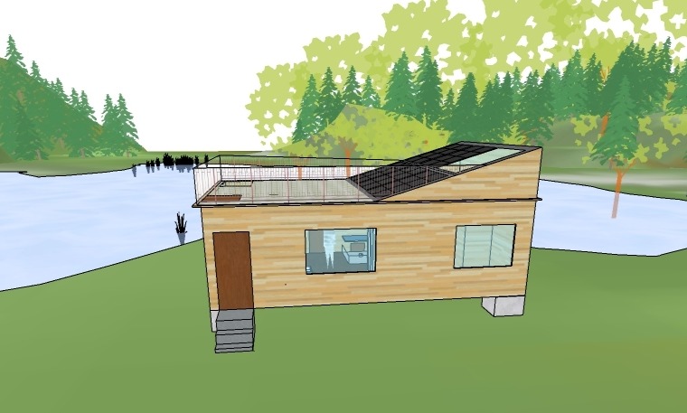 Computer model of tiny home on a lake