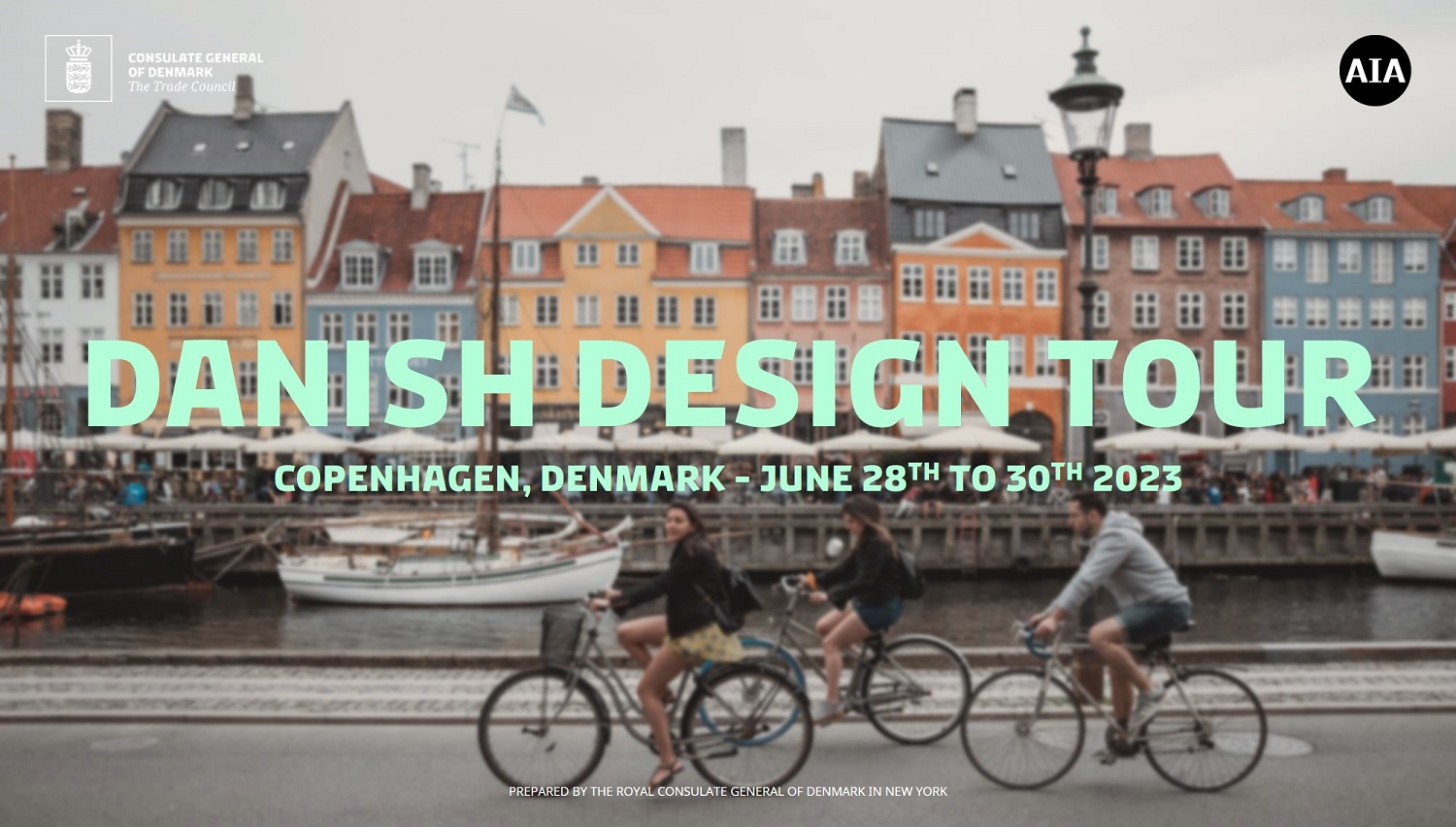 Danish Design Tour promotional flyer. Contains a picture of three cyclists biking next to a canal in Copenhagen with quintessential Danish buildings in the background