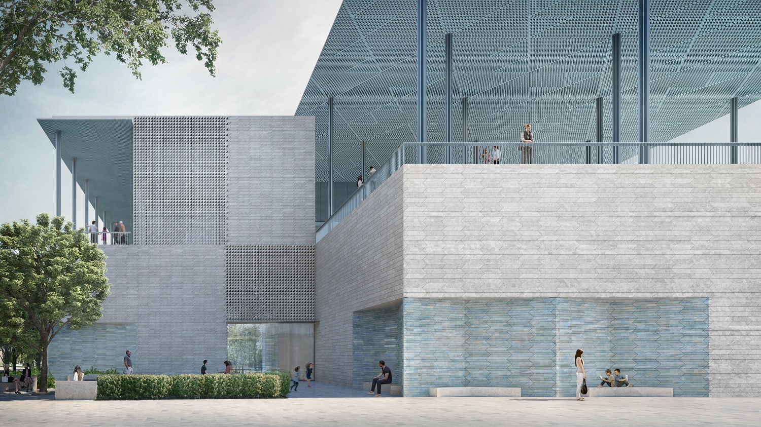 Rendering of the exterior of Ismaili Center Houston a white brick building with crisp angles showing pedestrians walking and sitting in the public spaces