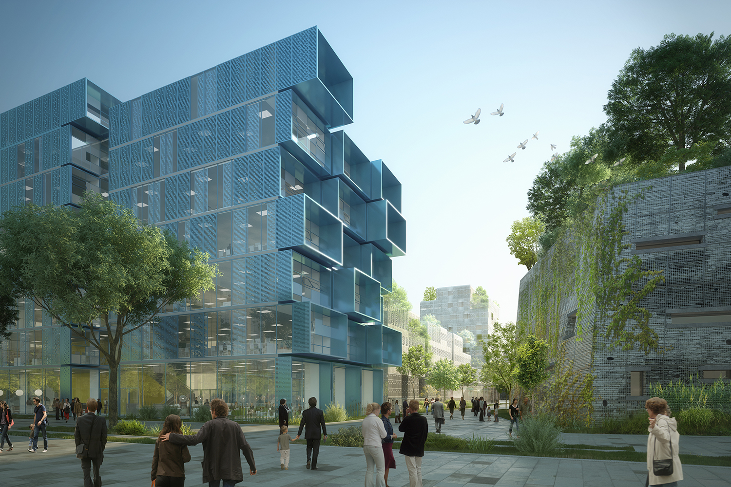 Rendering of modular glass building surrounded by pedestrian paths.