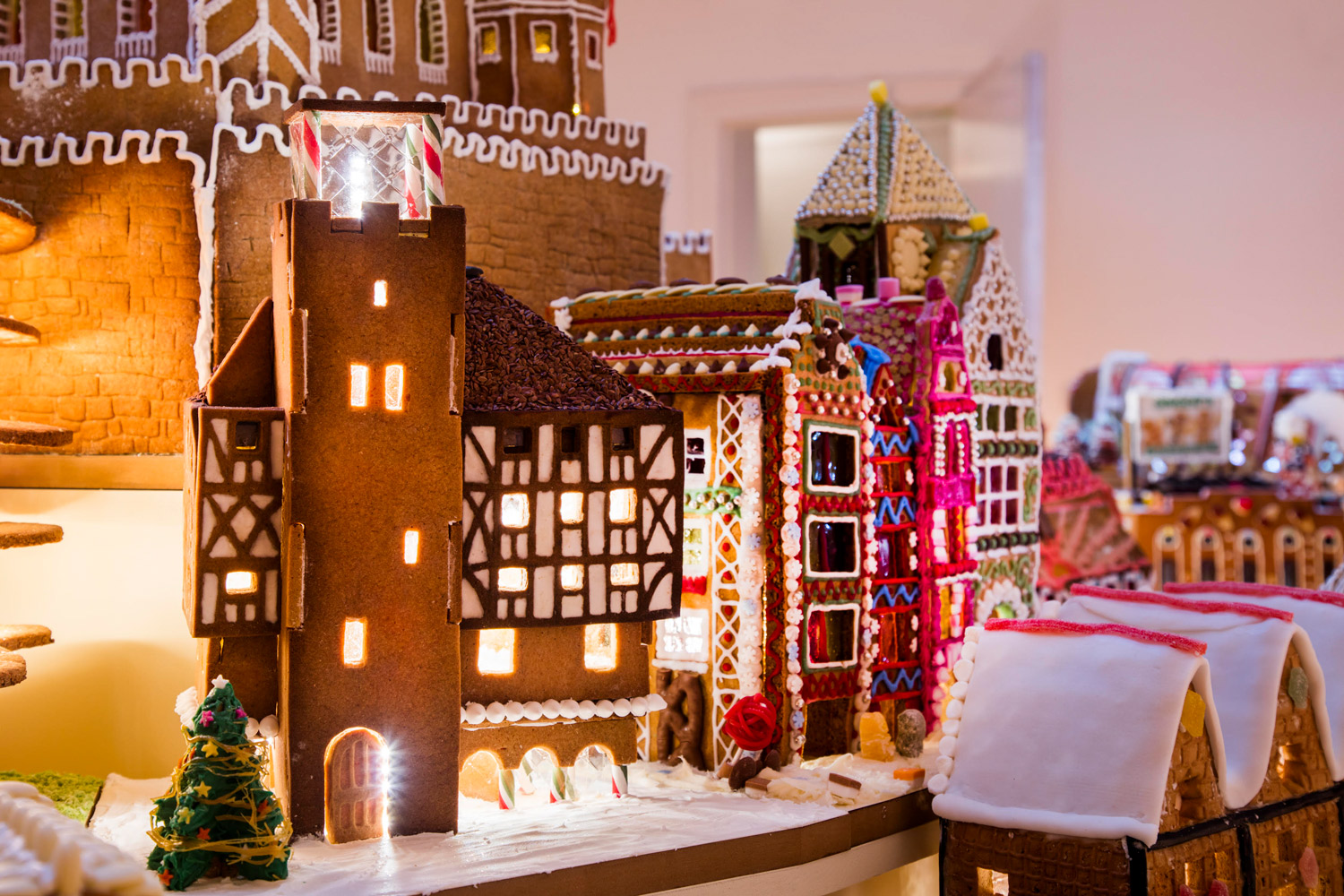 Gingerbread houses with bright lights