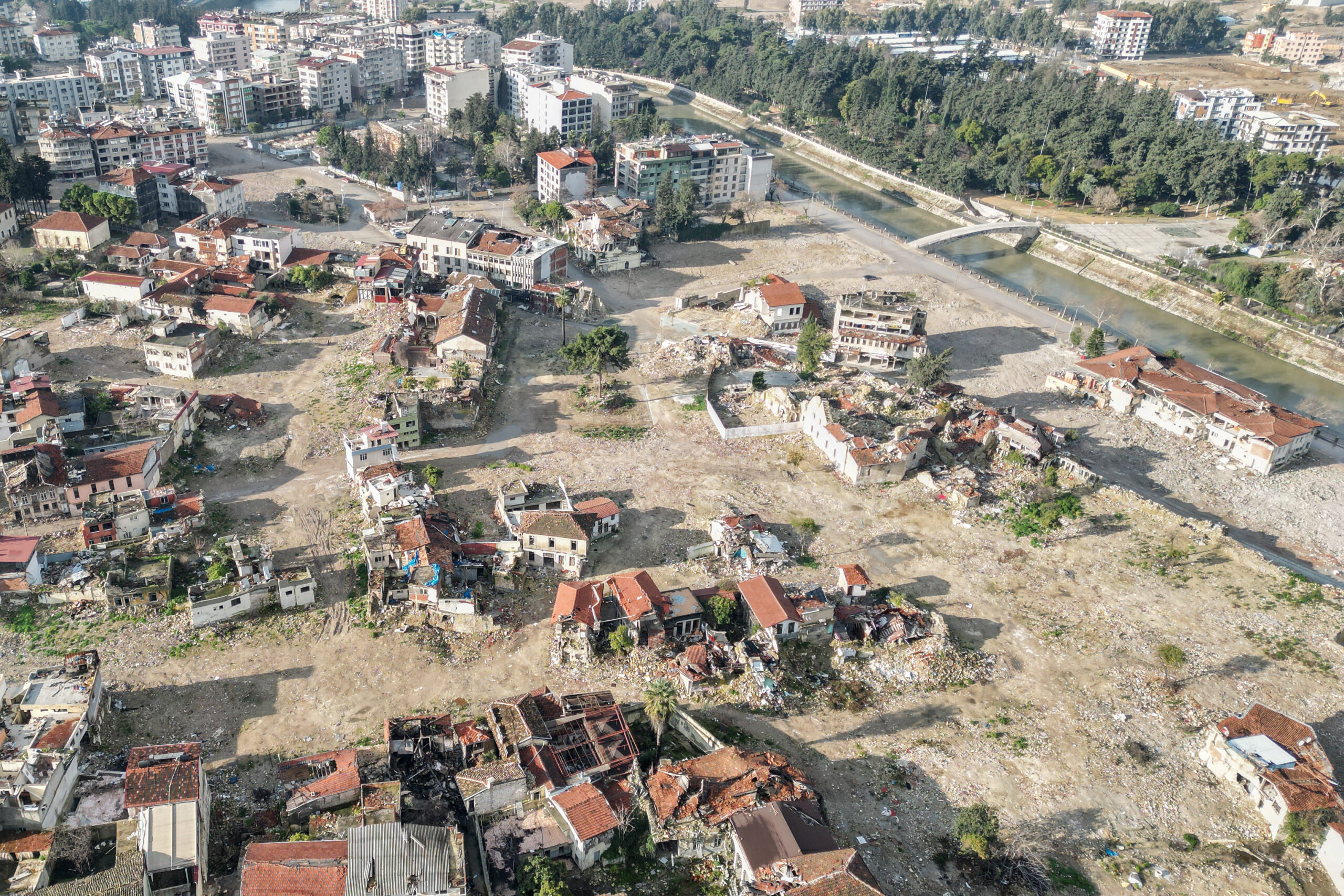Image of an aerial view shows collapsed and damaged buildings in Hatay, Turkey almost a year after the February 6, 2023 earthquakes.