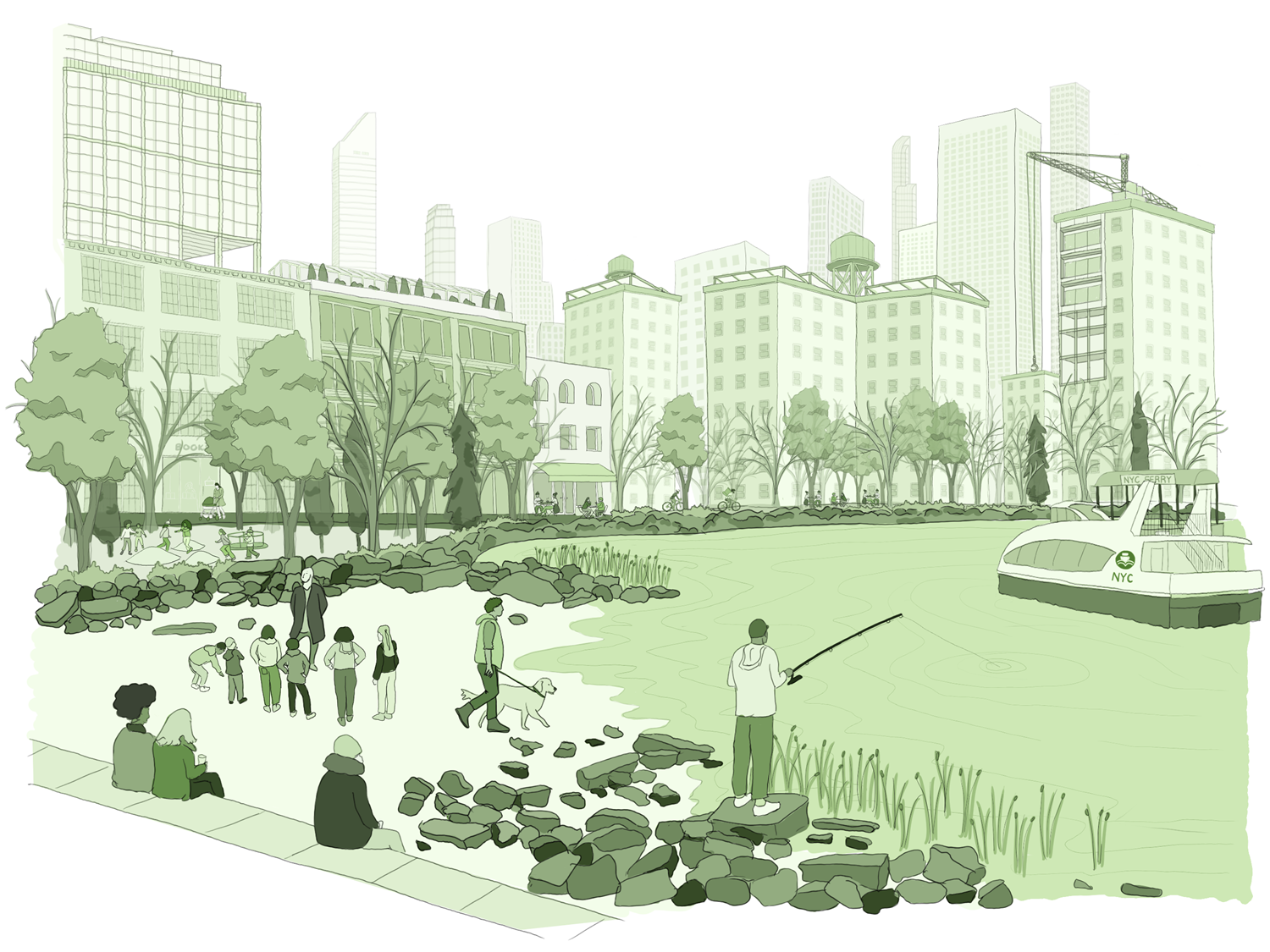 Green illustration of a NYC City Park and Buildings