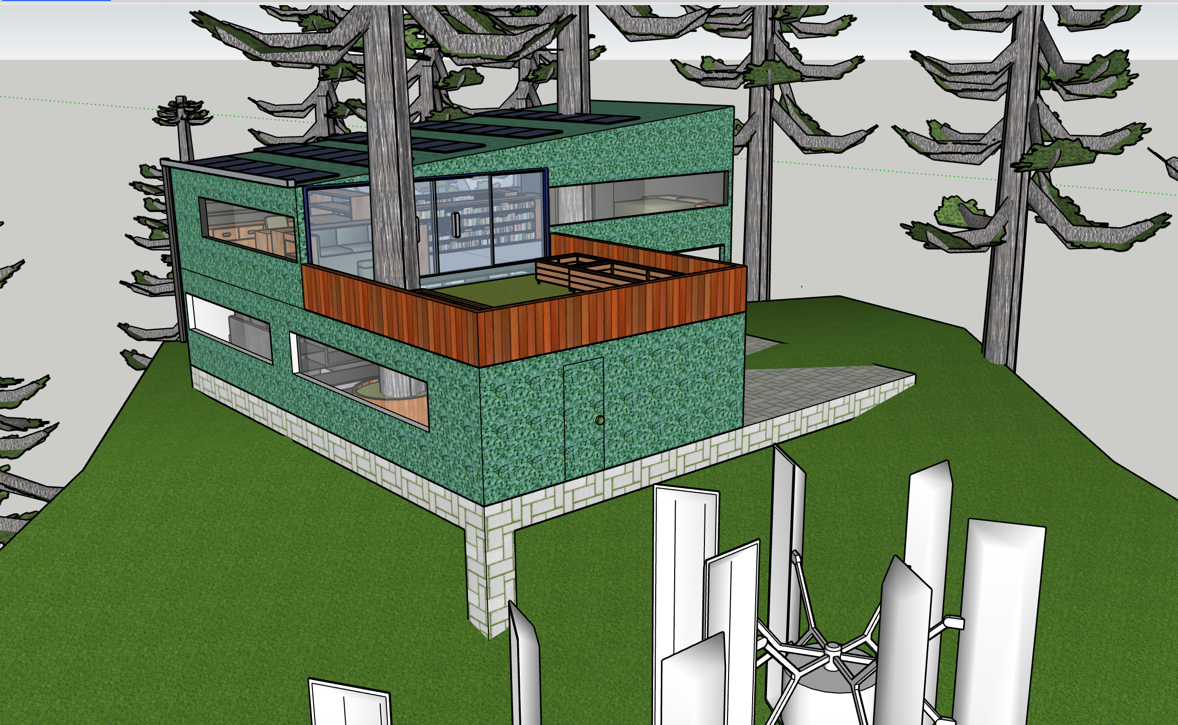 Digital model of small house built into a tree