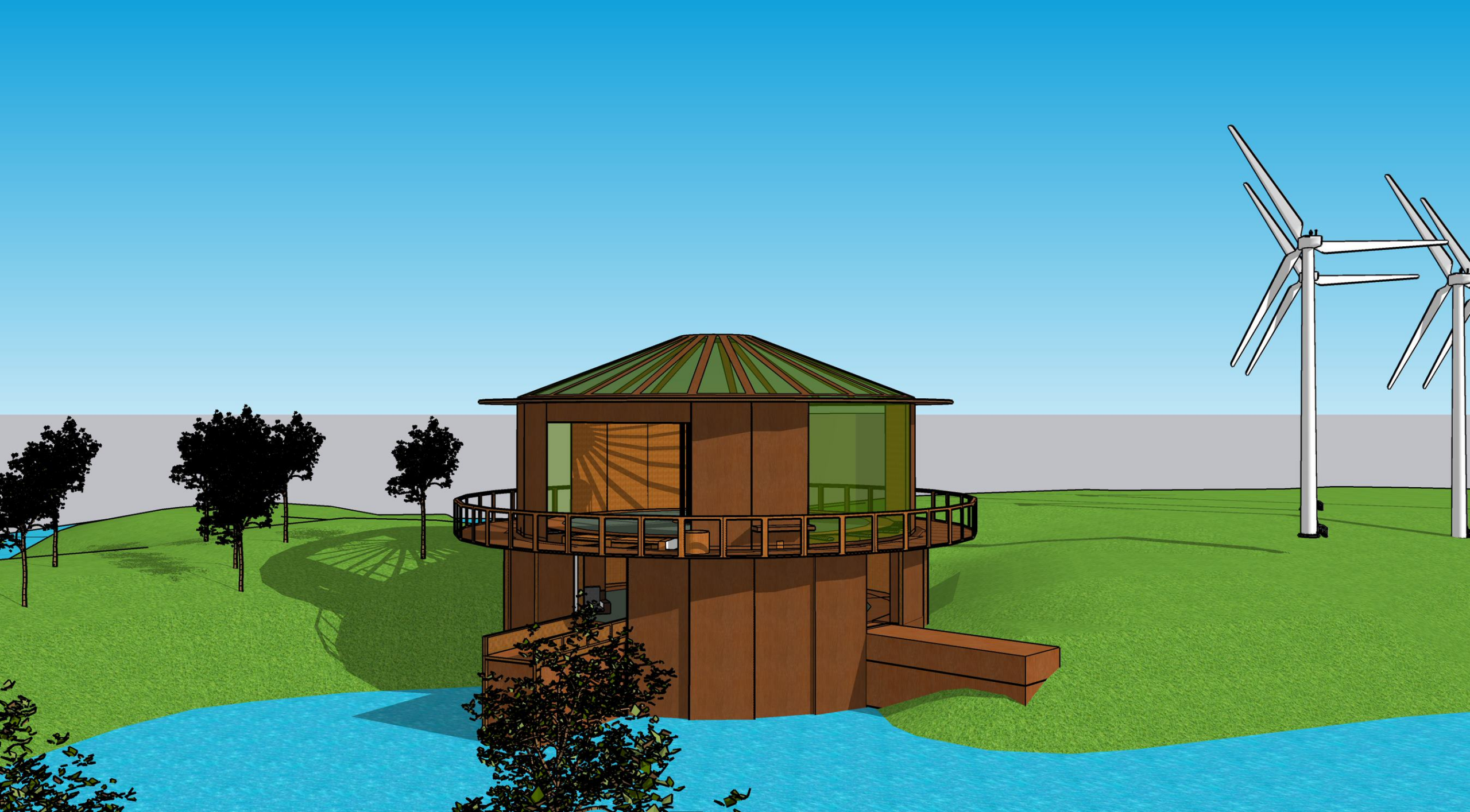 Digital model of round wooden house on a lake with windmills