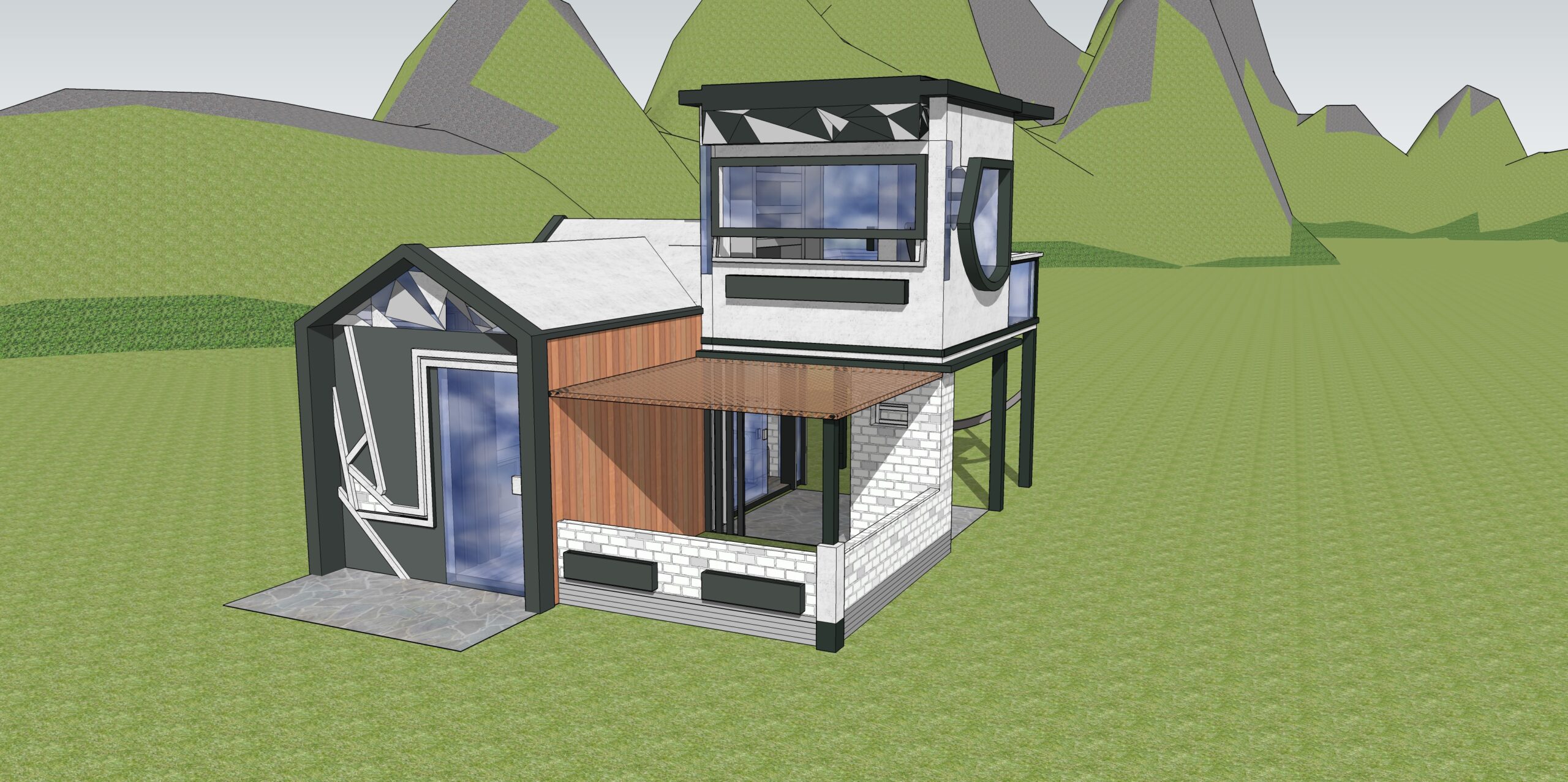 Digital model of a small white and wooden house with black trim