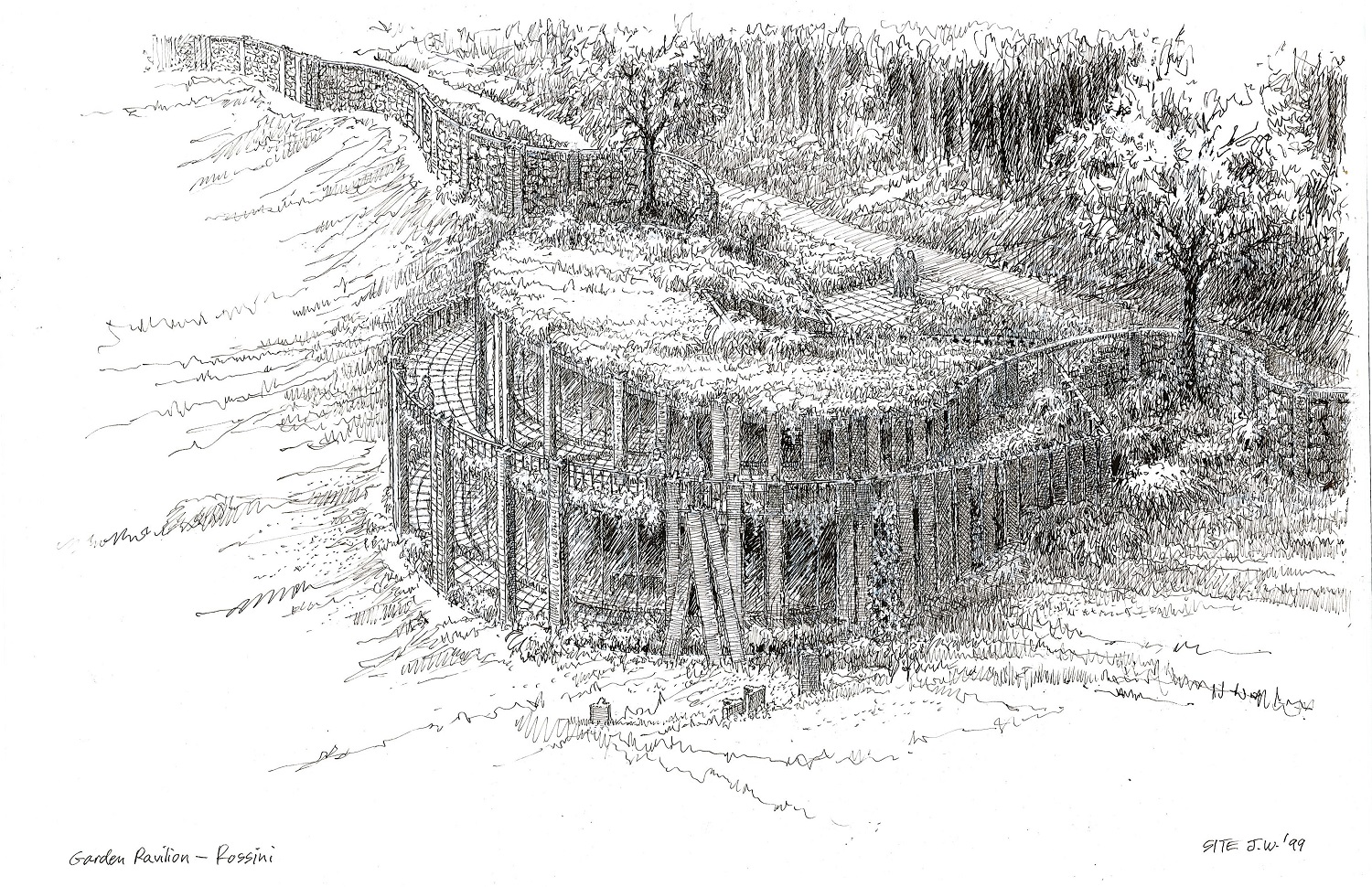 Ink on paper axonometric drawing of Garden Pavilion Rossini