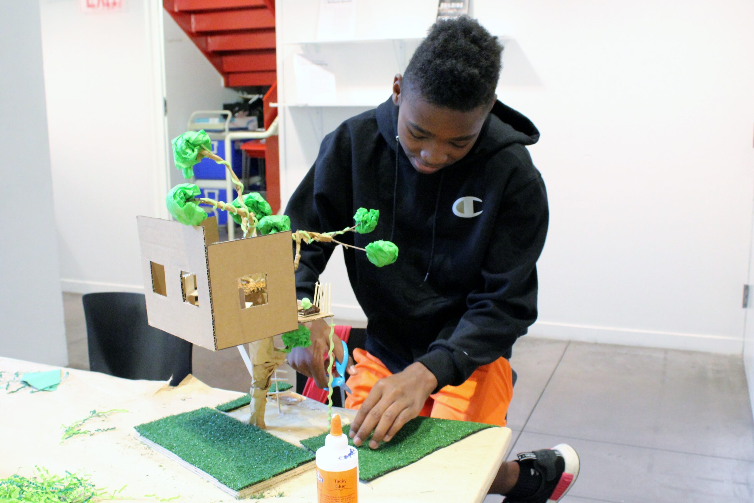 Middle school student working on treehouse model