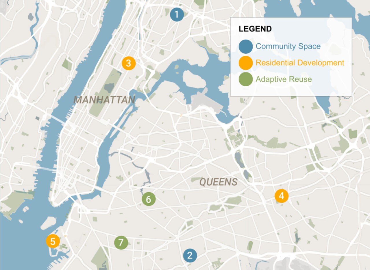 Map of New York City with locations of the 7 Mass Timber Studio projects identified