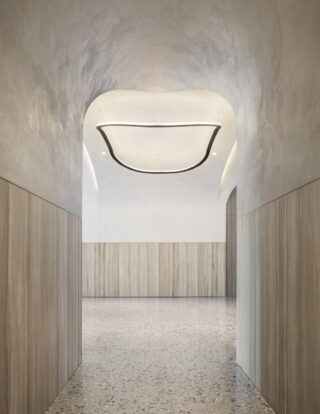 Building lobby interior with stone floor, stone wall panels and curved plaster ceiling, uplit by a decorative, organically shaped light fixture.