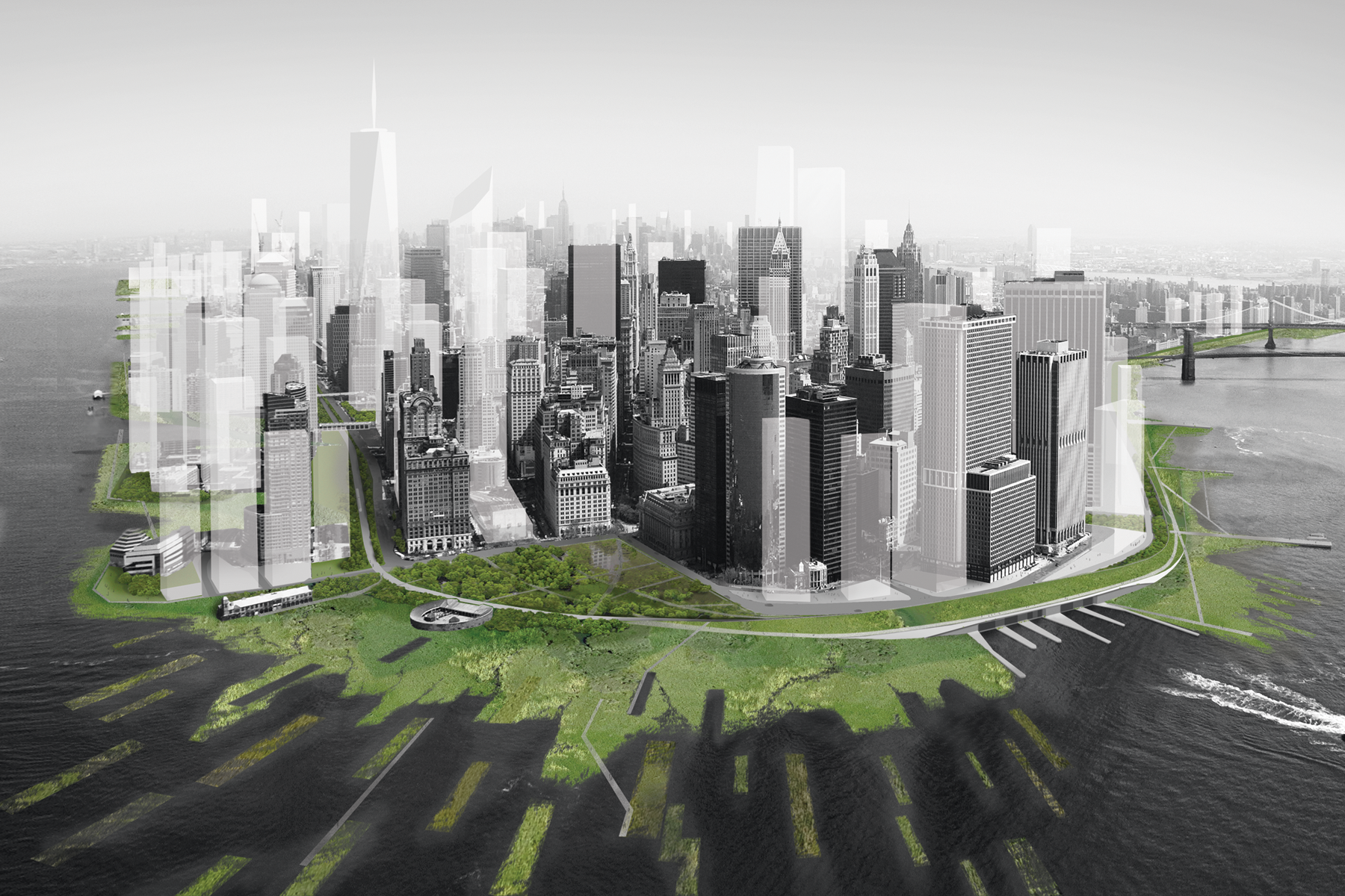 Bird's-eye view of lower Manhattan rendered in black and white with green landscape edges moving into the harbor