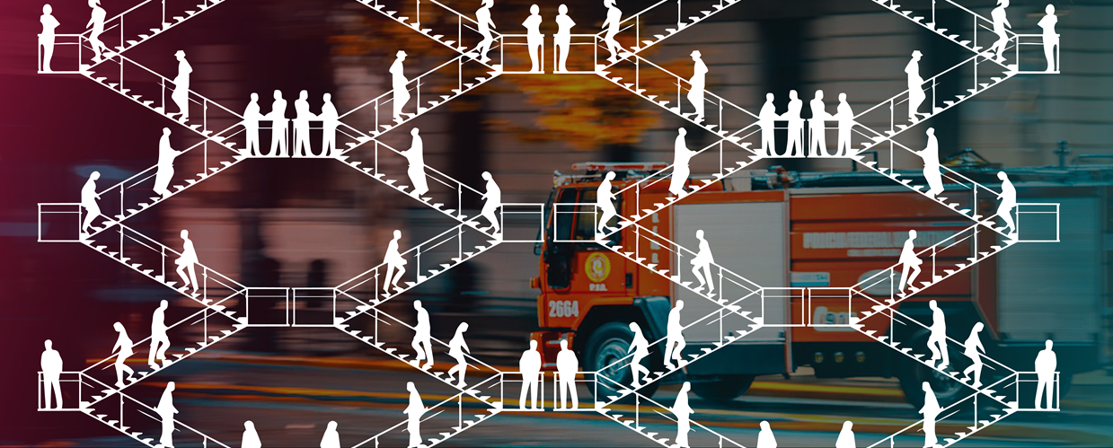 Graphic image of people walking up and down staircases overlayed on a truck driving down a street