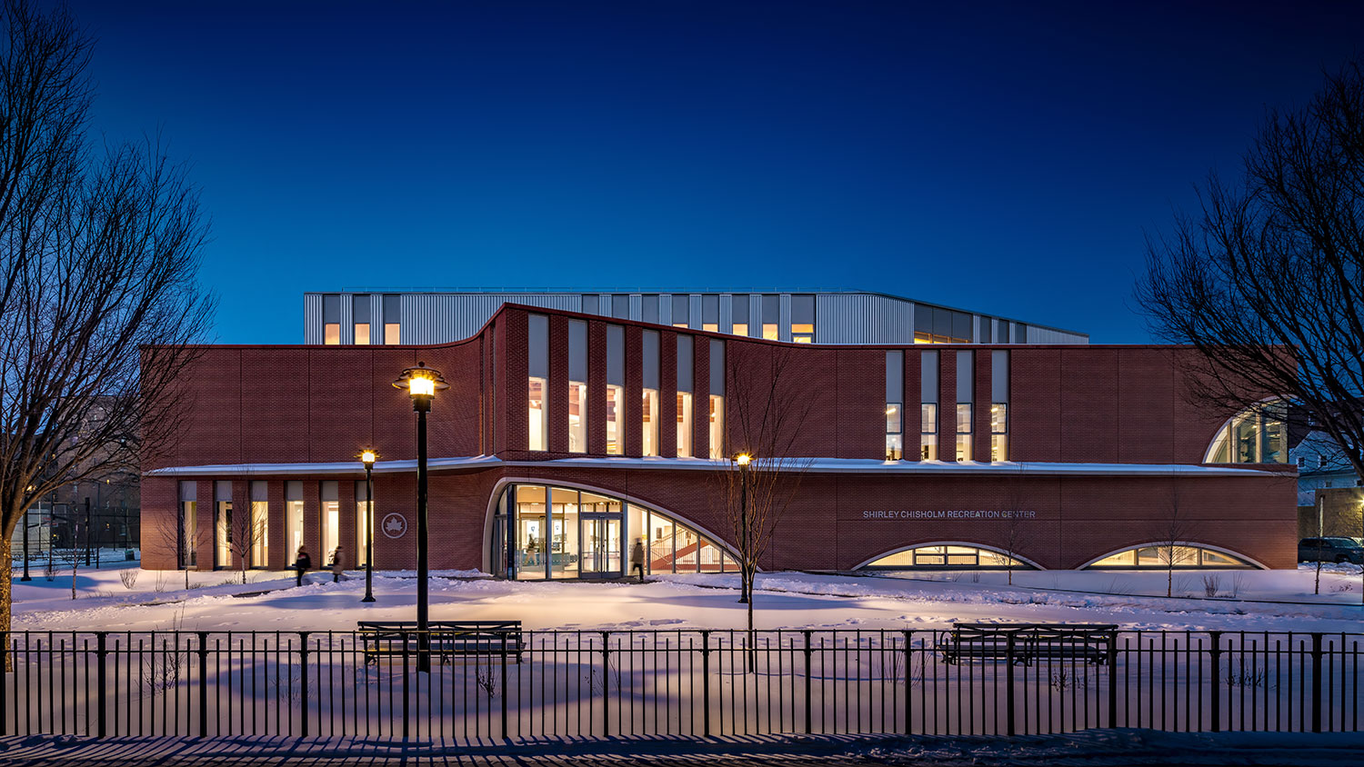 Shirley Chisholm Recreation Center exterior at twlight