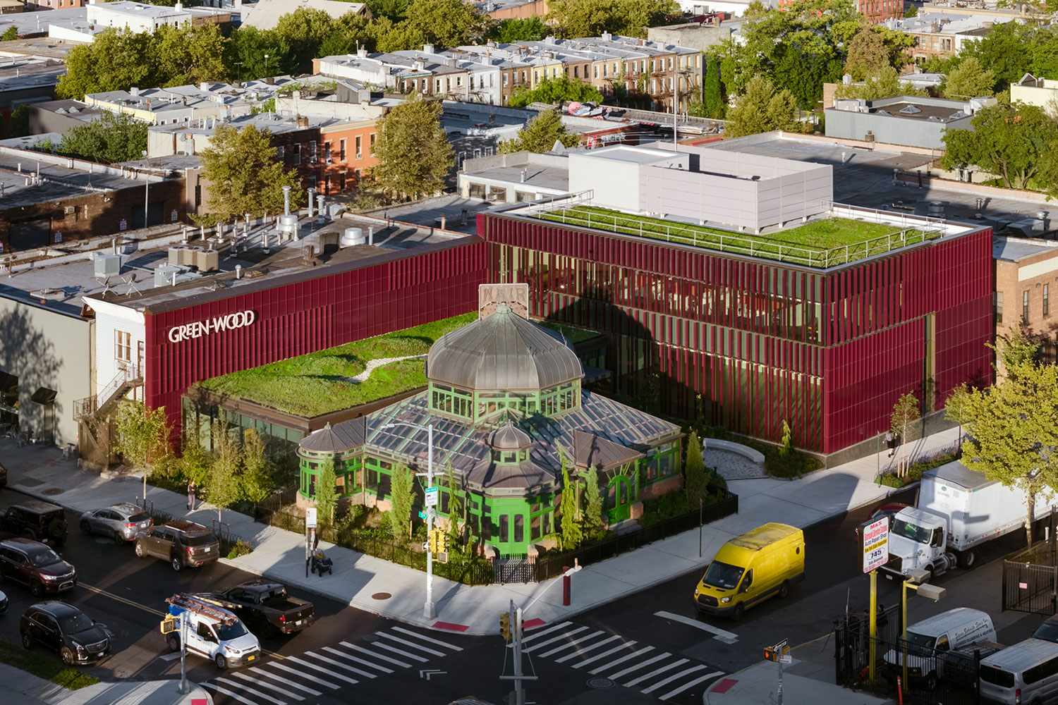 Aerial view of Green-Wood Cemetery welcome pavilion