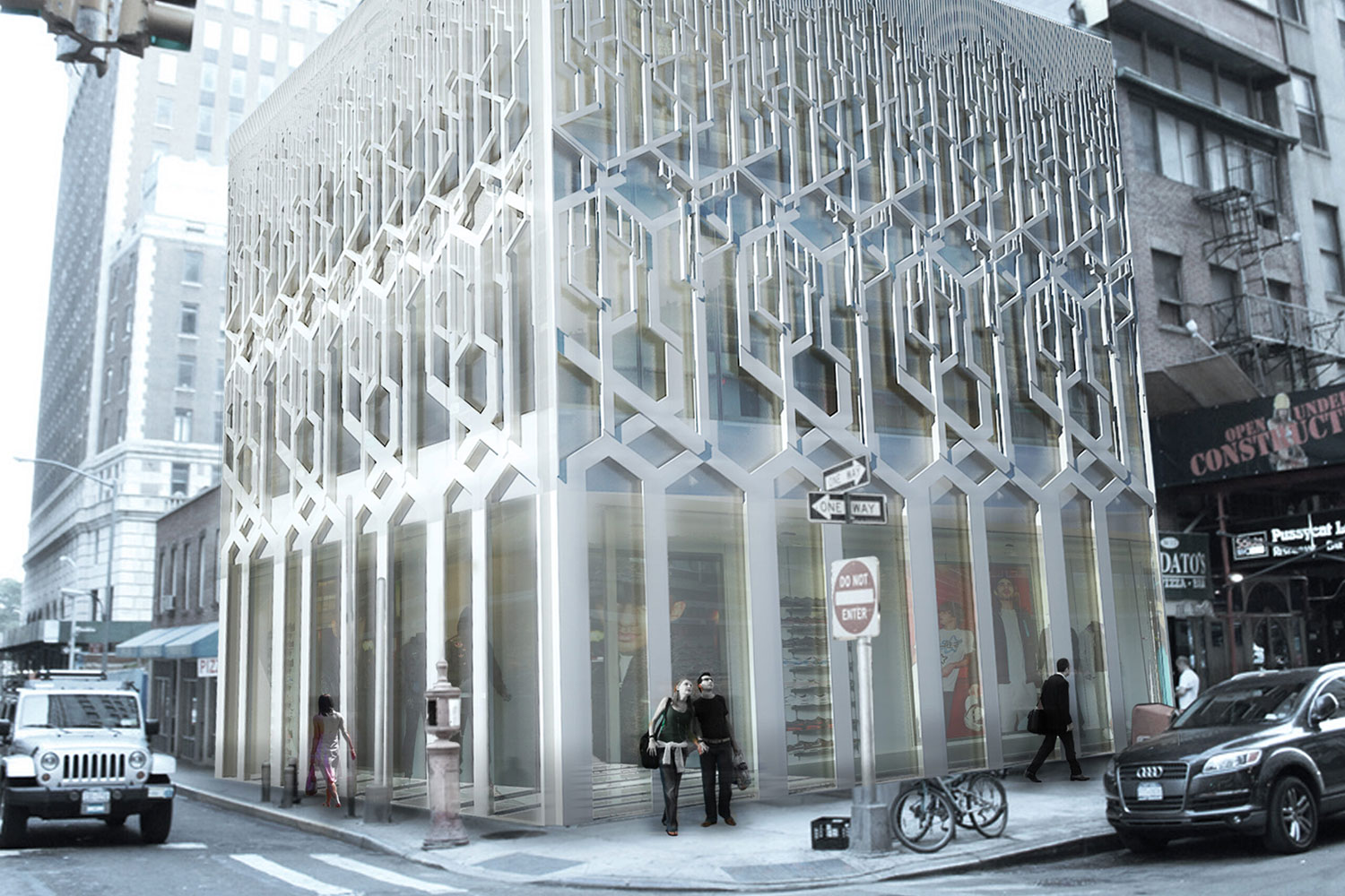 Rendering of a building facade with an elaborate sculptural pattern, scene from street view