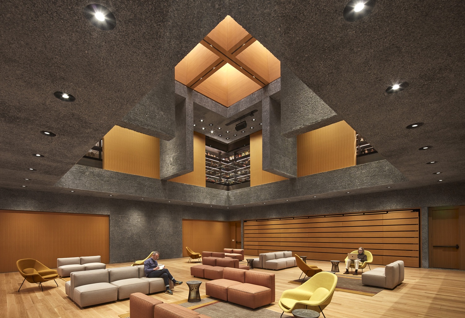 Interior image of a lounge with double height ceilings